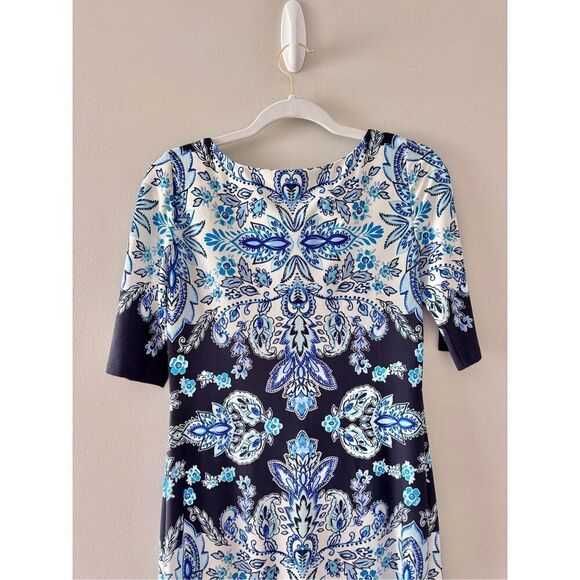 Eliza J Paisley Dress Size 2 Navy White Porcelain Shift Boat Neck 2/4 Sleeve - Picture 5 of 7